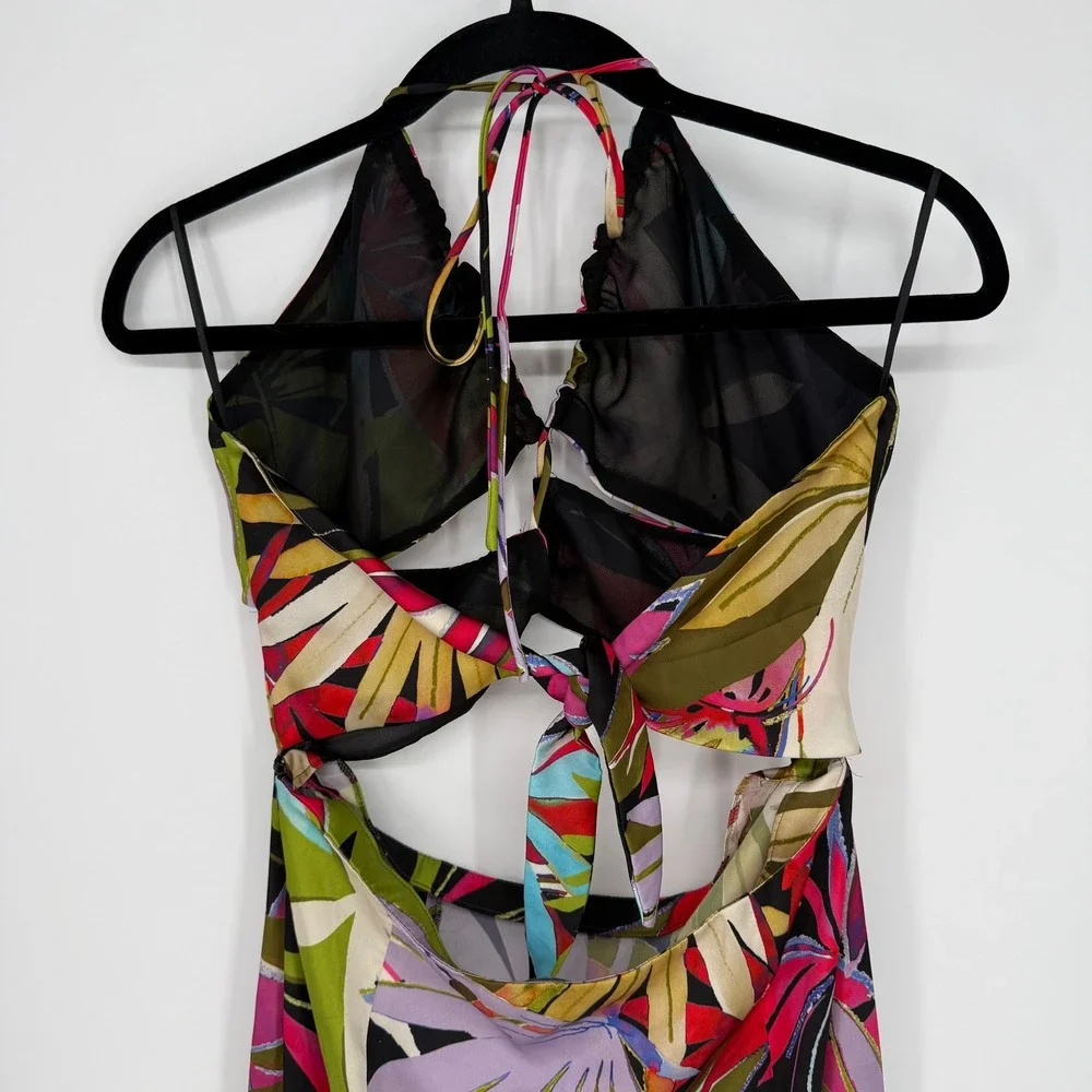 ZARA SATIN TROPICAL PRINT CUT OUT FRONT HALTER MIDI DRESS LARGE - Picture 9 of 10